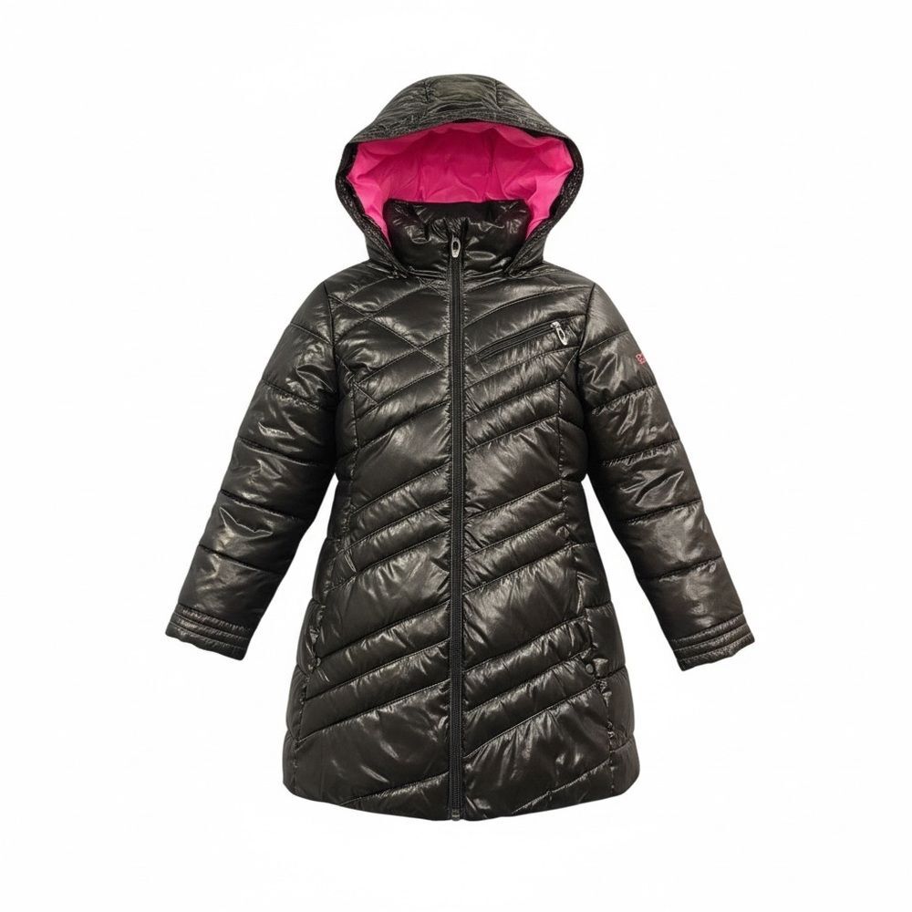 Spyder Girls Quilted Puffer Coat Hooded Black Pink Size S colorful stitching